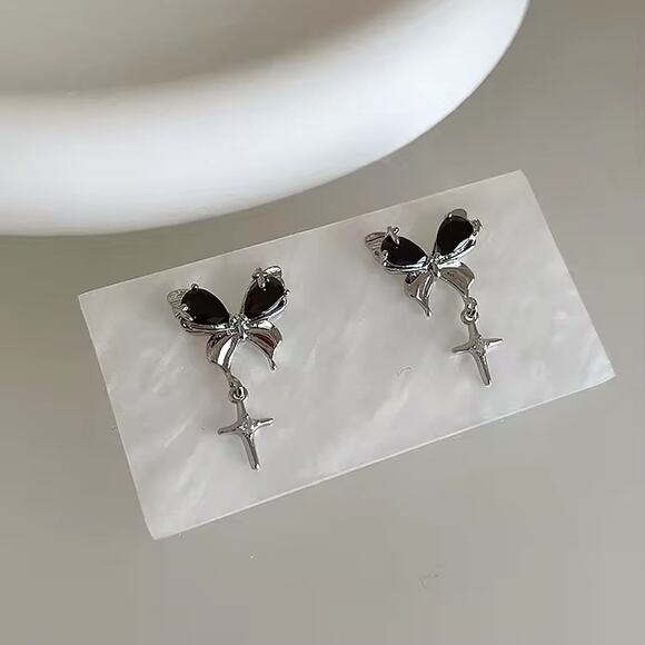 Gothic Black Butterfly Bow Dangling Cross Charm Earrings - Picture 5 of 5